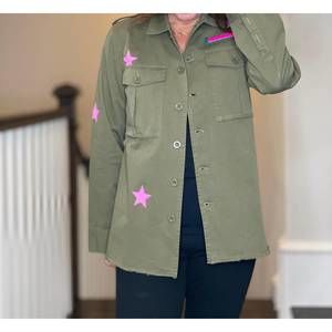 NEW MOVING FORWARD army shacket with rhinestone peace sign in olive